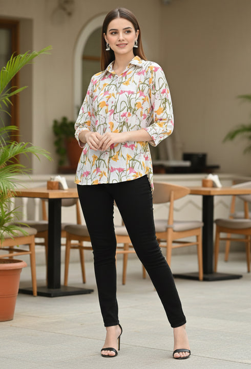 Off White Pure cotton Jaipuri Printed Short Top