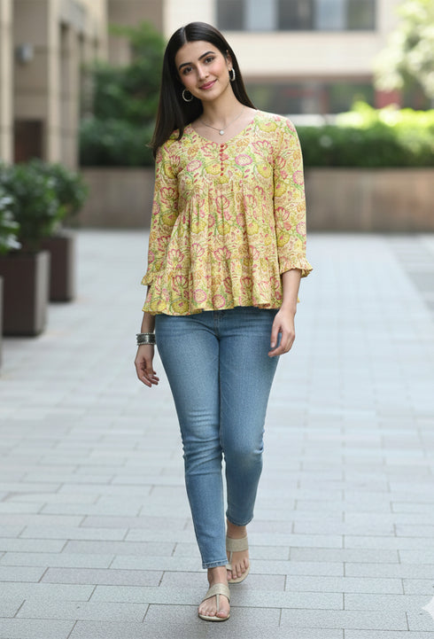 Yellow Pure Cotton Jaipuri Printed Short Top