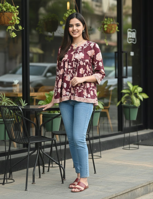 Wine Pure Cotton Jaipuri Printed Short Top