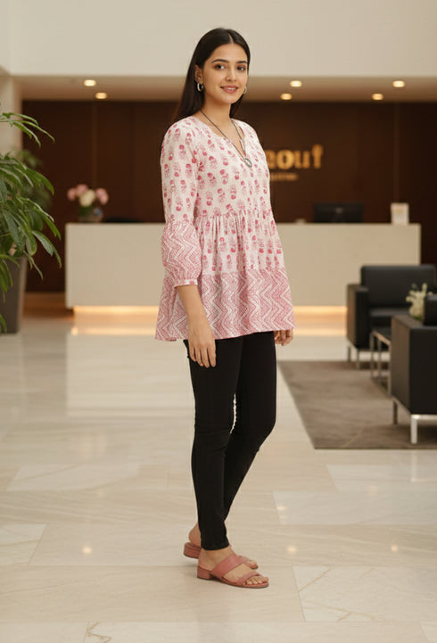White & Pink Pure Cotton Floral Printed Short Top