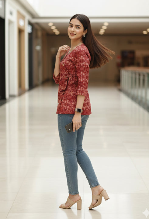 Magenta Pure Cotton Jaipuri Printed Short Top