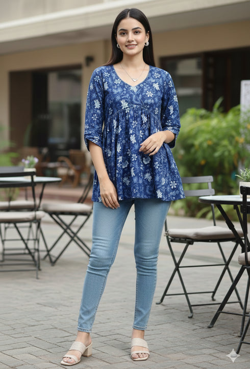 Blue Pure Cotton Floral Printed Short Top