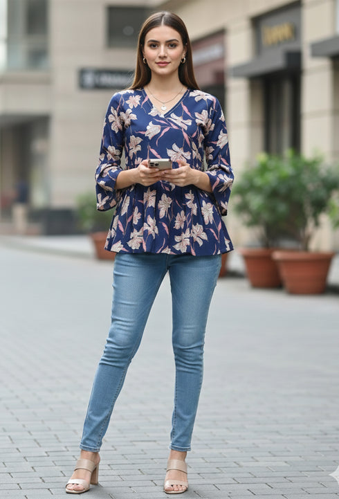 Blue Pure Cotton Floral Printed Short Top