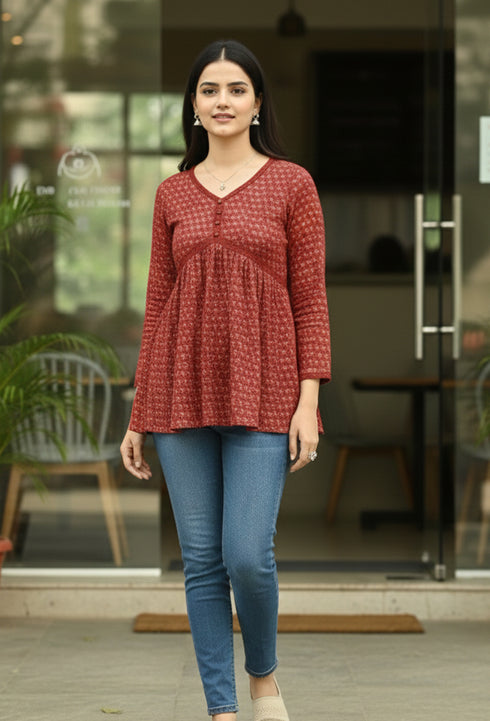 Maroon Women's Pure Cotton Jaipuri Printed Short Top