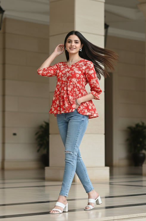 Red Pure Cotton Jaipuri Printed Short Top