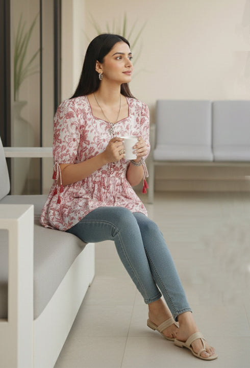 White & Dusty Pink Pure Cotton Jaipuri Printed Short Top