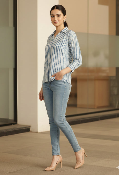 White & Blue Pure Cotton Tie-Die Printed Short Top