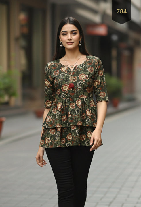 Green Pure Cotton Floral Printed Short Top