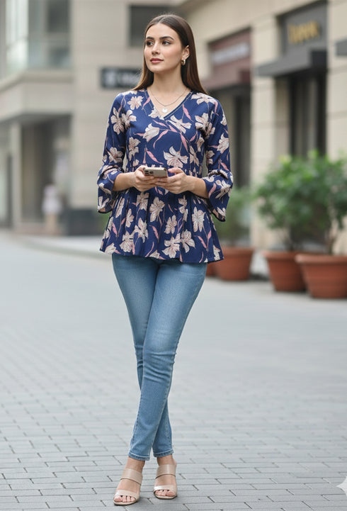 Blue Pure Cotton Floral Printed Short Top
