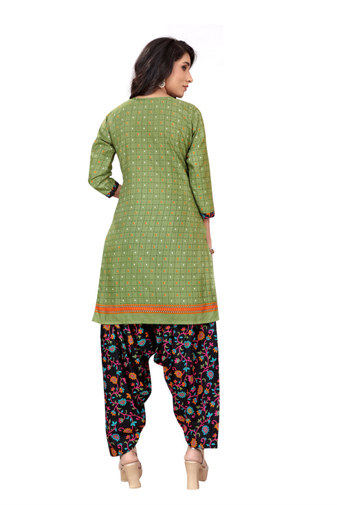 Olive Green Cotton Blend Printed Ready to Wear Patiala Salwar Suit