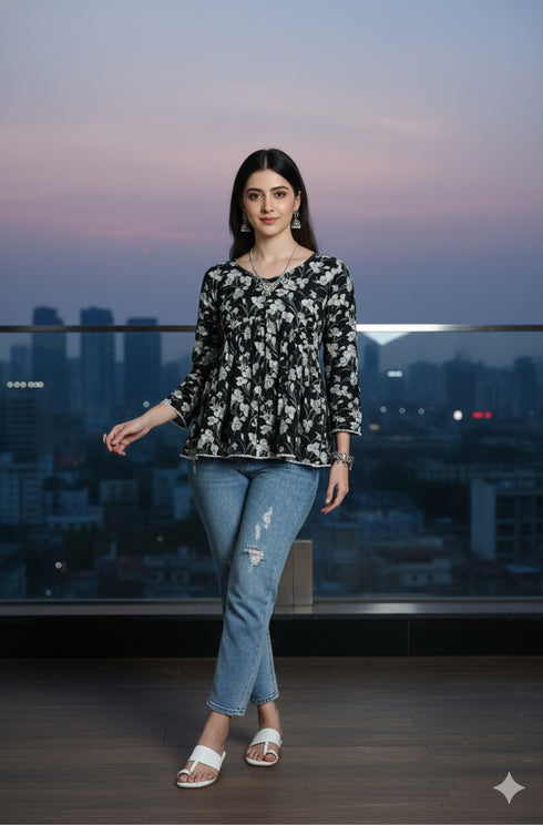 Black Pure Cotton Jaipuri Printed Short Top