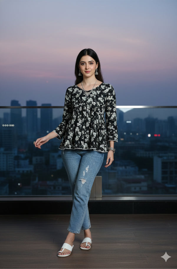 Black Pure Cotton Jaipuri Printed Short Top