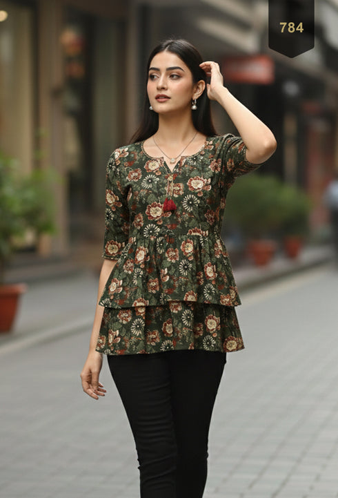 Green Pure Cotton Floral Printed Short Top