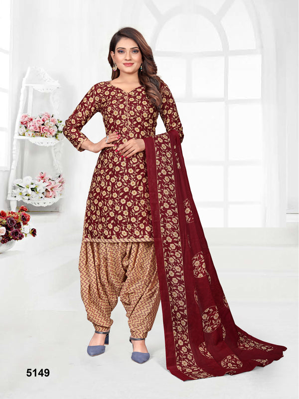 Maroon & Beige Cotton Blend Printed Unstitched Salwar Suit Material