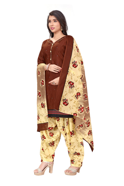 Brown Cotton Blend Printed Ready to Wear Patiala Salwar Suit