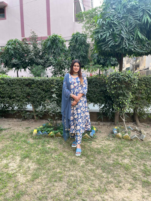Blue Blossom Floral Printed Kurta & Pant with Dupatta
