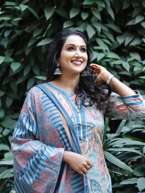 Multicolor Women Cotton Blend Floral Printed Kurta & Pant With Dupatta