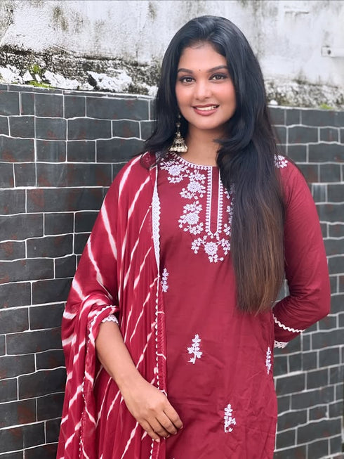 Wine Pure Cambric Cotton Floral Embroidered Kurta Set With Dupatta