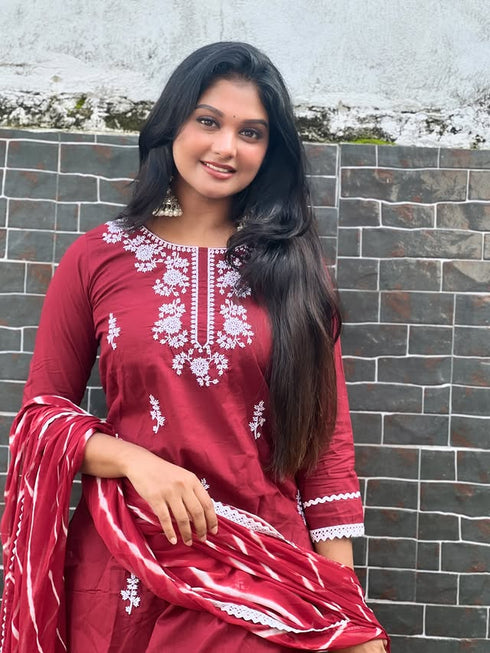 Wine Pure Cambric Cotton Floral Embroidered Kurta Set With Dupatta