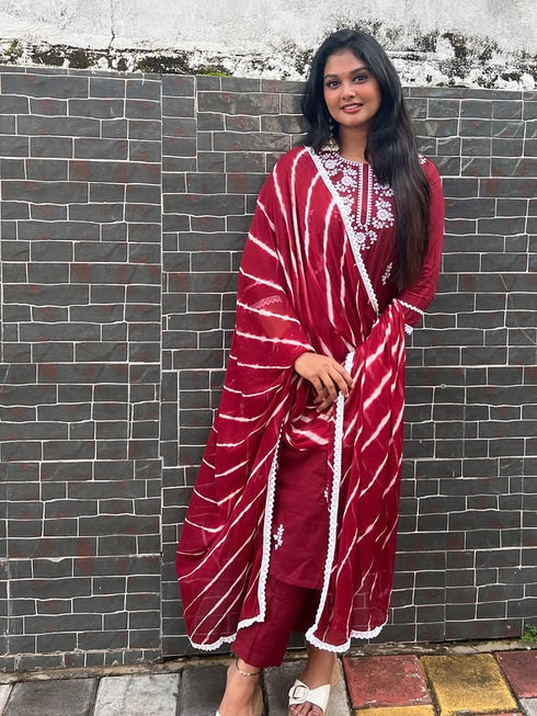 Wine Pure Cambric Cotton Floral Embroidered Kurta Set With Dupatta