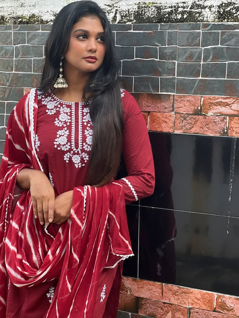 Wine Pure Cambric Cotton Floral Embroidered Kurta Set With Dupatta