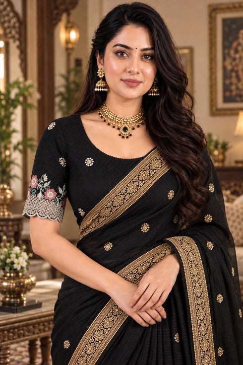 Black Lycra Readymade Embroidered Blouse For Women