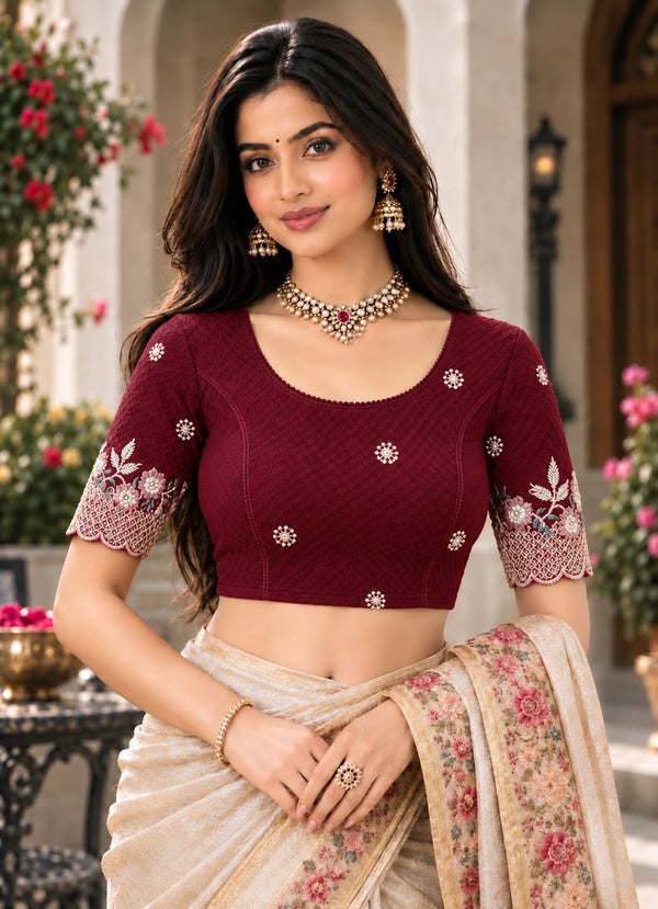 Maroon Lycra Readymade Embroidered Blouse For Women