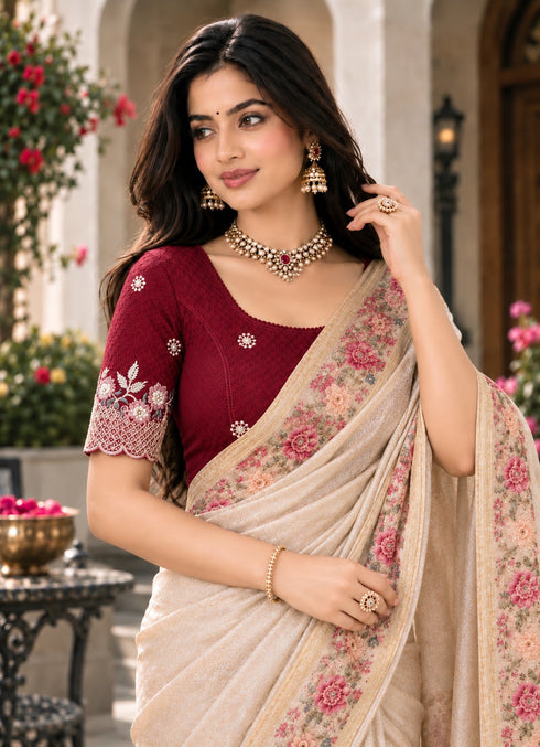 Maroon Lycra Readymade Embroidered Blouse For Women