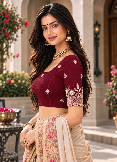 Maroon Lycra Readymade Embroidered Blouse For Women