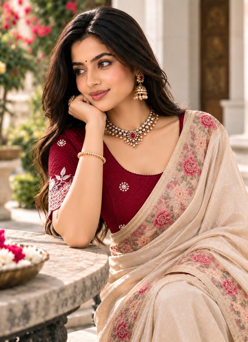 Maroon Lycra Readymade Embroidered Blouse For Women