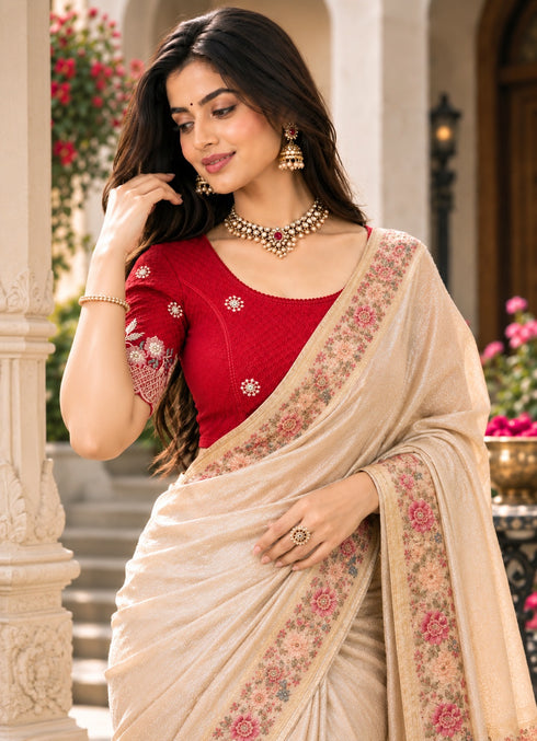 Red Lycra Readymade Embroidered Blouse For Women