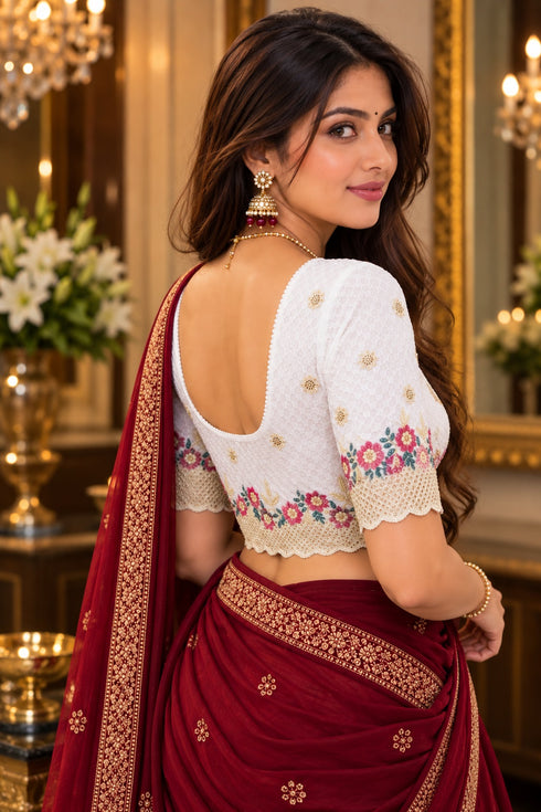 White Lycra Readymade Embroidered Blouse For Women