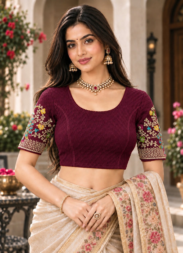 Maroon Lycra Readymade Embroidered Blouse For Women