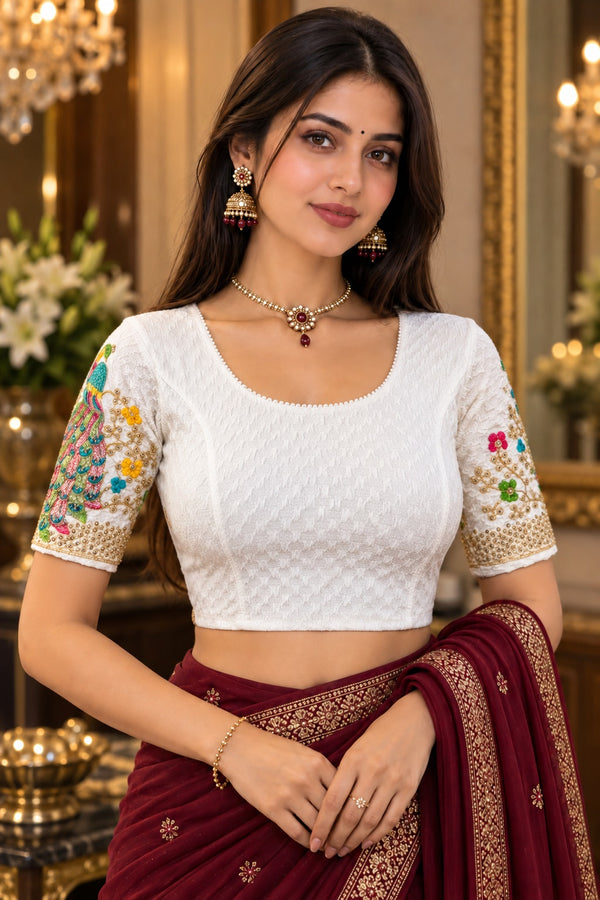White Lycra Readymade Embroidered Blouse For Women