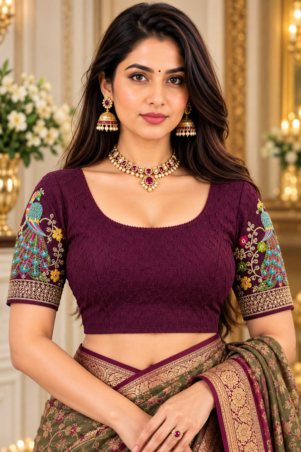 Wine Lycra Readymade Embroidered Blouse For Women