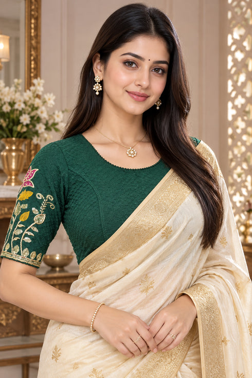 Green Lycra Readymade Embroidered Blouse For Women