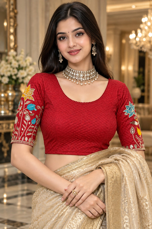 Red Lycra Readymade Embroidered Blouse For Women