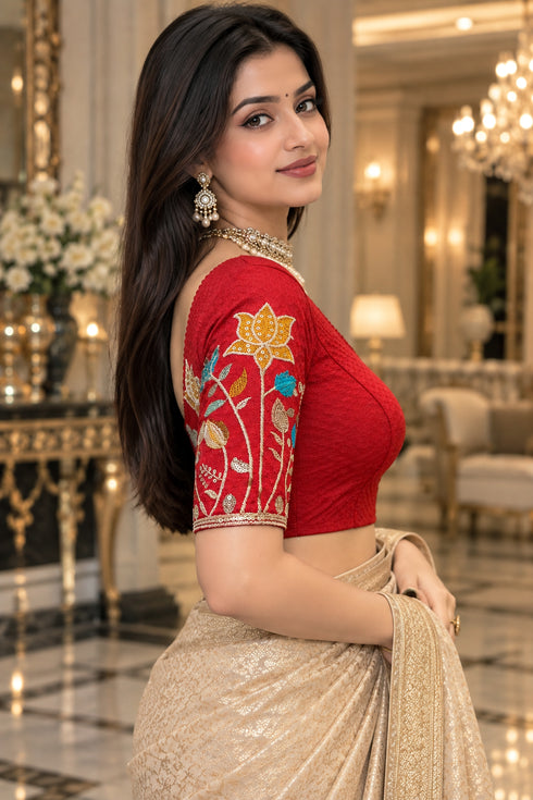Red Lycra Readymade Embroidered Blouse For Women