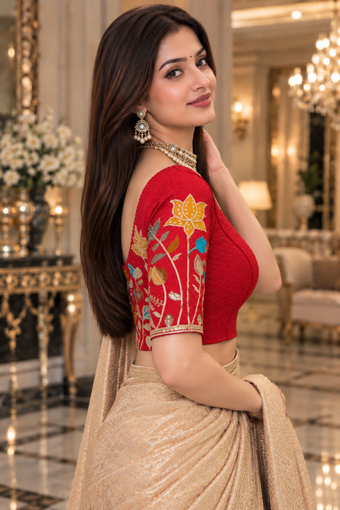 Red Lycra Readymade Embroidered Blouse For Women