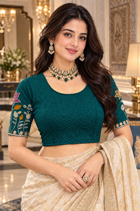 Teal Lycra Readymade Embroidered Blouse For Women