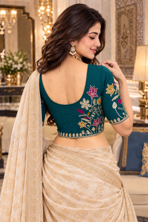 Teal Lycra Readymade Embroidered Blouse For Women