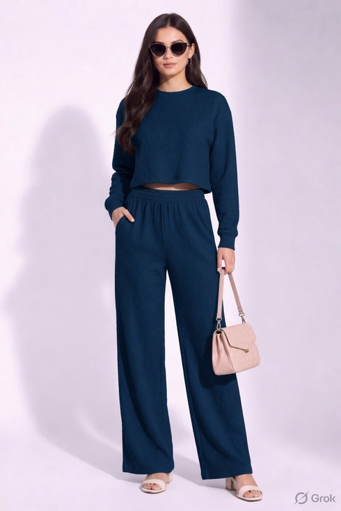 Teal Blue Lycra Solid Oversized Strachable Coords Set