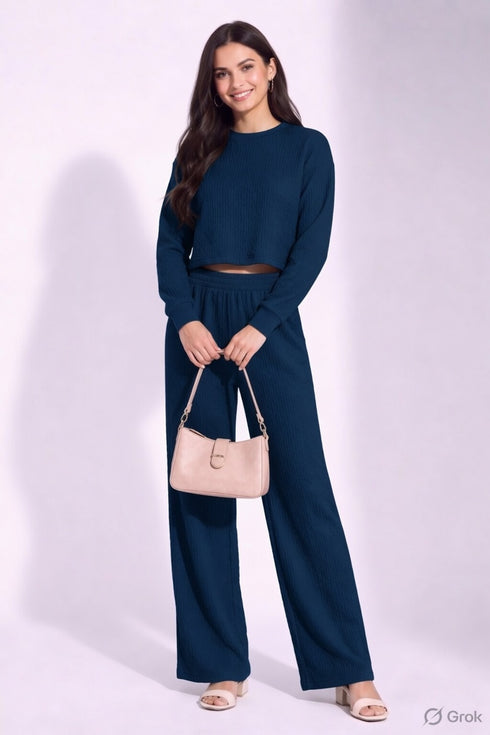 Teal Blue Lycra Solid Oversized Strachable Coords Set