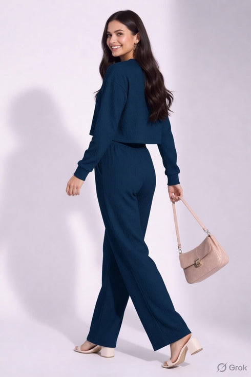 Teal Blue Lycra Solid Oversized Strachable Coords Set