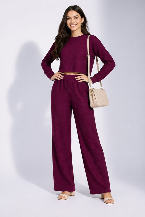 Wine Lycra Solid Oversized Strachable Coords Set