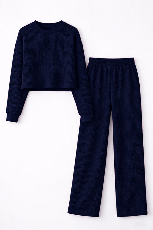 Blue Lycra Solid Oversized Strachable Coords Set