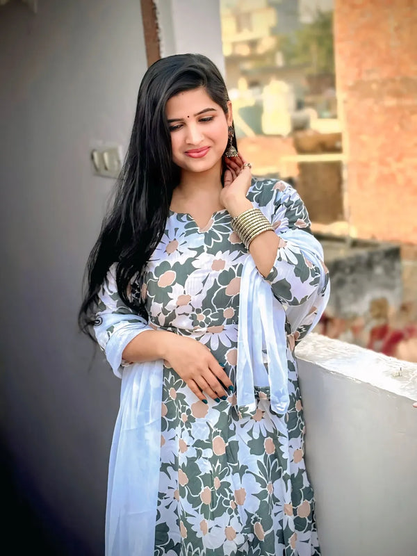 Women Olive Green & White Cotton Blend Floral Printed Kurta & Pant With Dupatta
