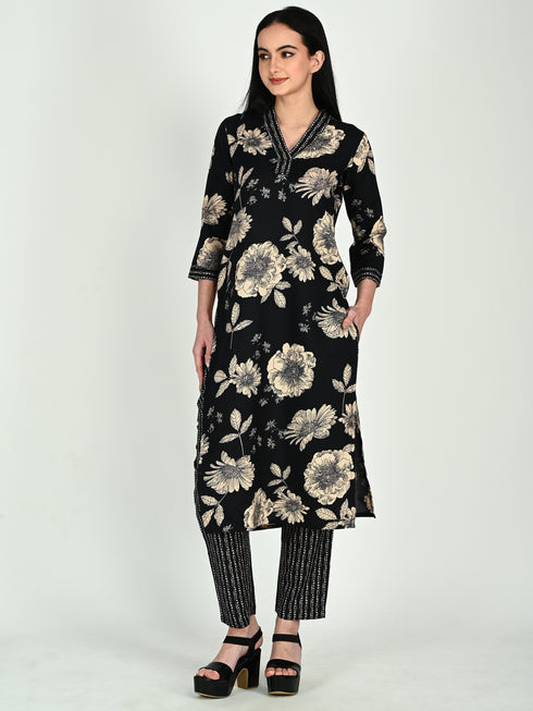 Black Cotton Blend Floral Block Printed Kurta & Pant With Dupatta