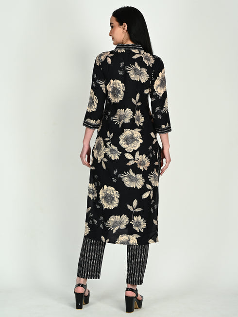 Black Cotton Blend Floral Block Printed Kurta & Pant With Dupatta