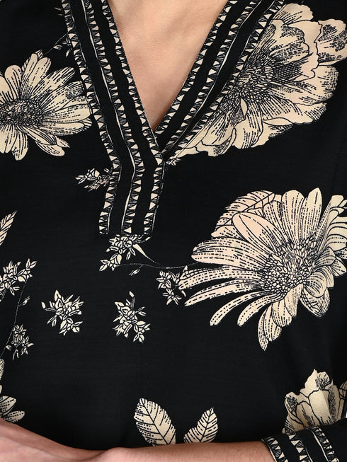 Black Cotton Blend Floral Block Printed Kurta & Pant With Dupatta